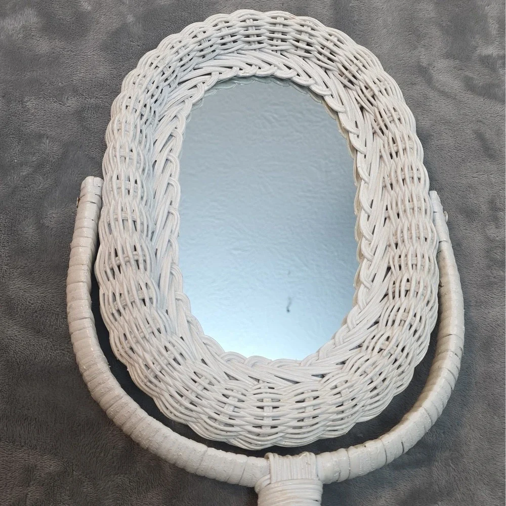 Vintage Wicker Rattan Vanity Mirror Cottage Cabin Chic Make-Up